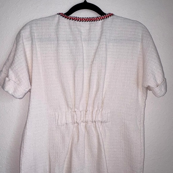 Zara TRF White Textured V-Neck Tunic Dress Braided Trim Red Navy Blue Small - Picture 7 of 10